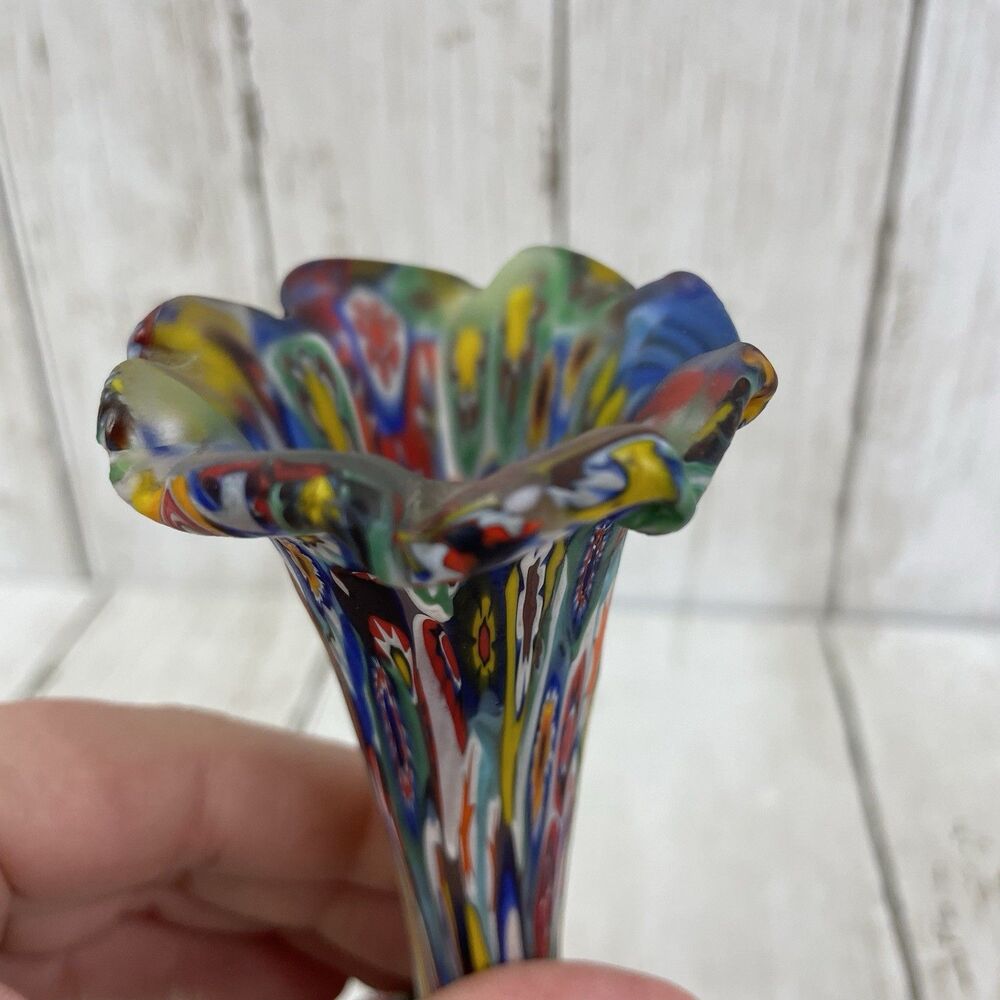 Vintage Fratelli Toso Murano Millefiori Murrine Cane Vase 6.75” - Picture 7 of 13